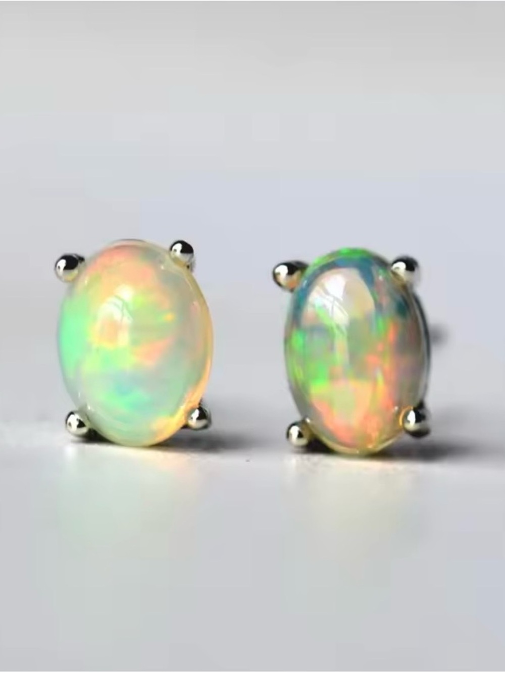 Natural Opal Stud Earrings 925 Sterling Silver Dainty Oval Birthstone Jewelry